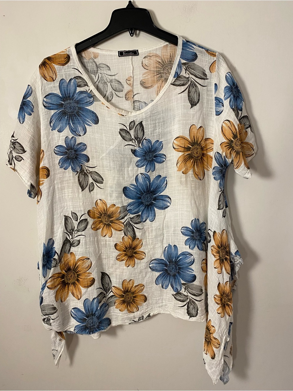 Linen blend Floral Short Sleeve Blouse in Blue & Mustard